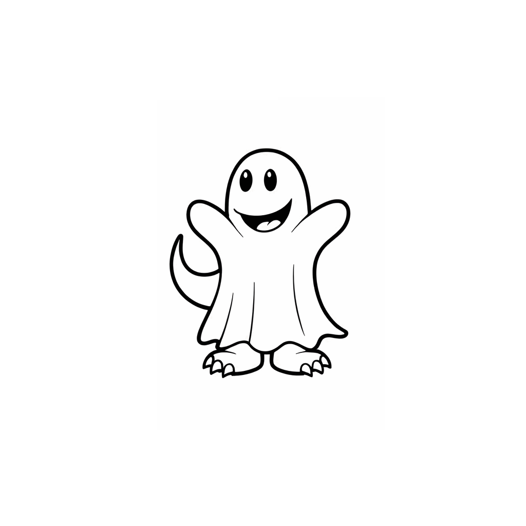 白い幽霊の衣装を着た小さな恐竜が、嬉しそうに前足を上げている