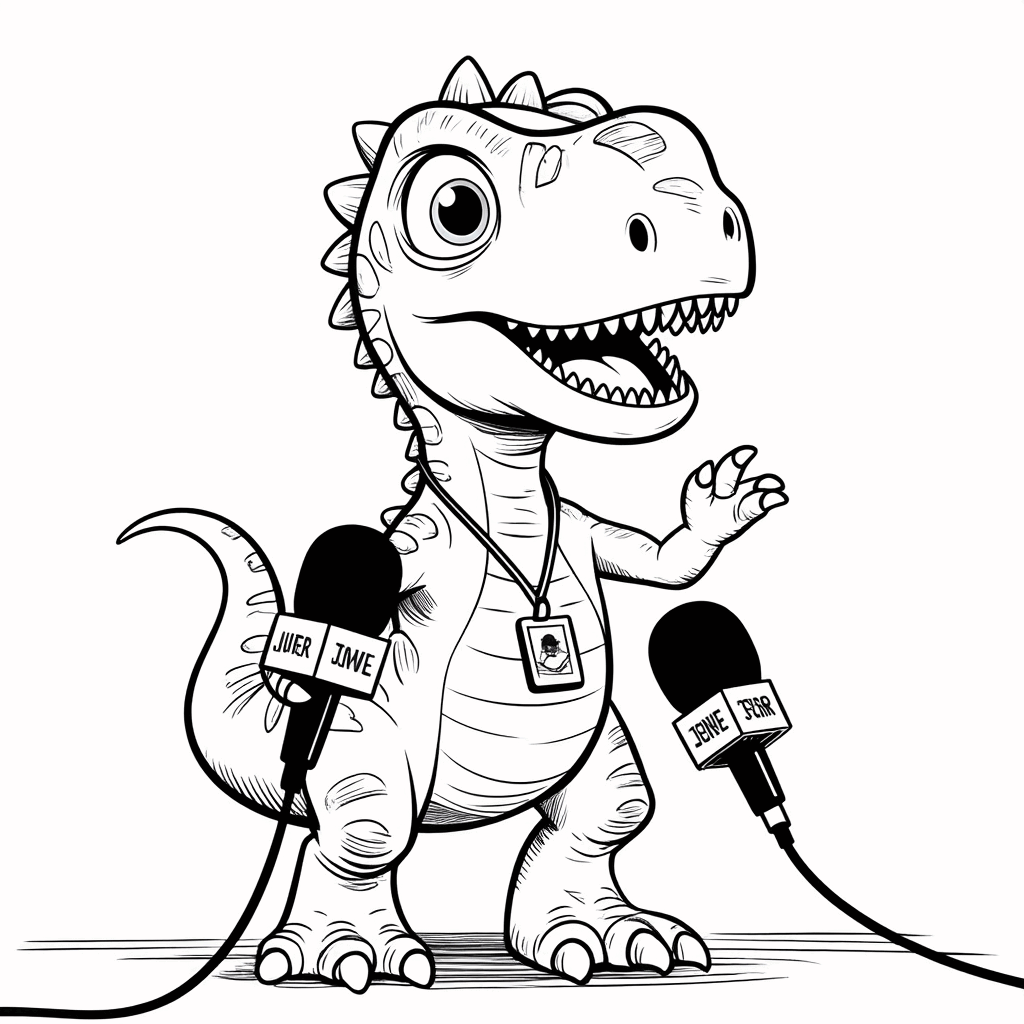 작은 공룡이 두 발로 미니 마이크를 잡고 기자증을 달고, 고개를 들고 집중하며 인터뷰하고 있어요