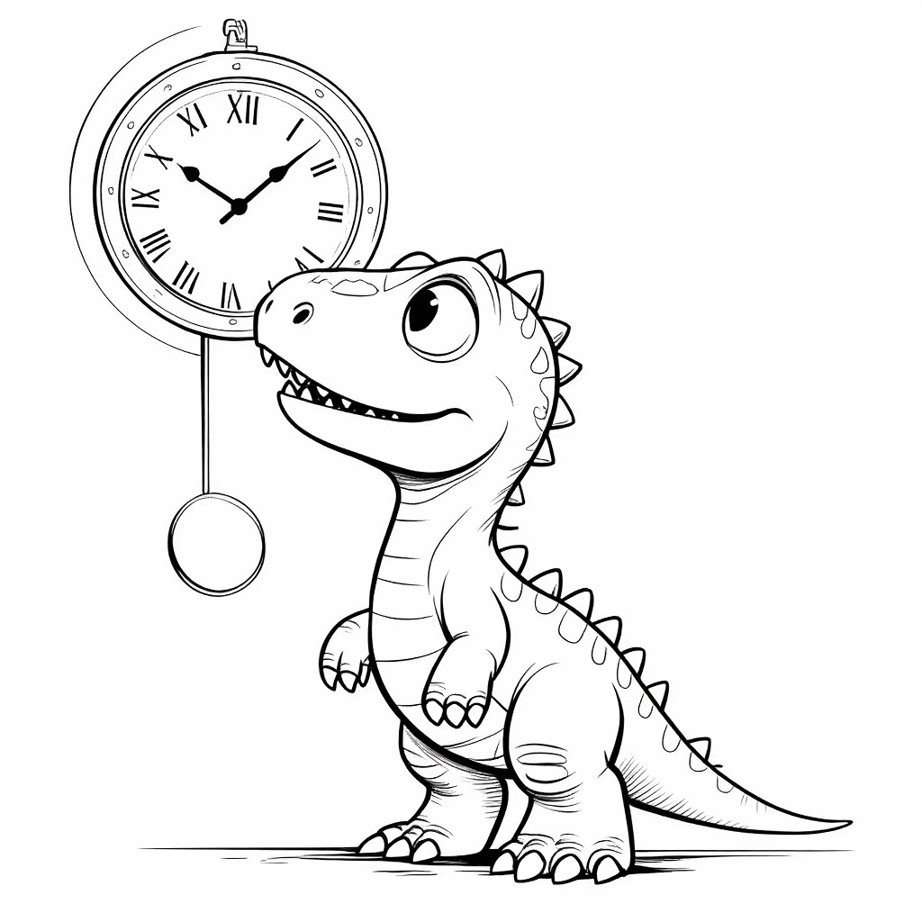 O dinossaurinho fica na ponta dos pés para olhar o relógio de parede, com a cauda levantada e uma expressão atenta