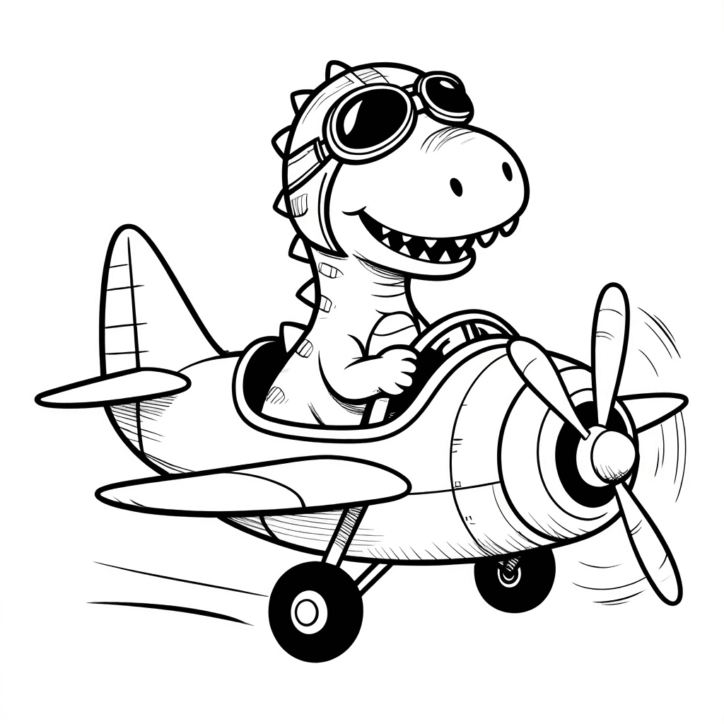 Der kleine Dinosaurier trägt eine Pilotenmütze und sitzt fröhlich im Cockpit eines Spielzeugflugzeugs