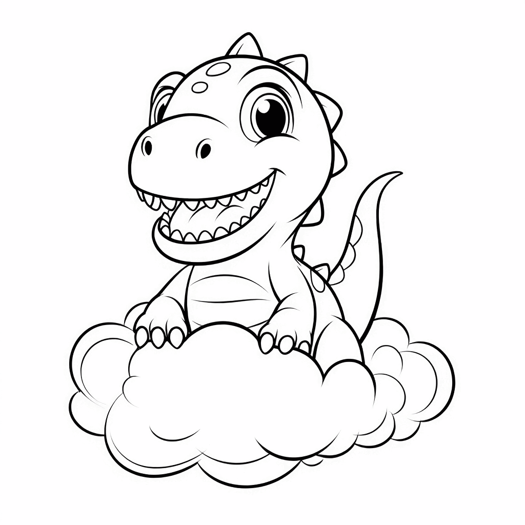 幸せな恐竜の赤ちゃんがふわふわの雲の上に座り、尾をピンと立てている