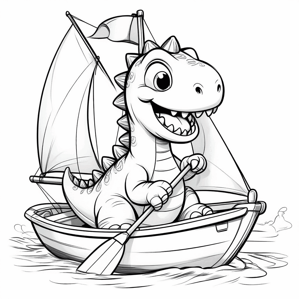 Un feliz dinosaurio sentado en un velero de juguete, con la cola levantada, remando contento
