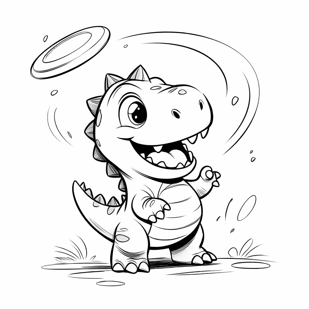 Um pequeno dinossauro está em pé sobre as patas traseiras, com as dianteiras levantadas, arremessando um frisbee