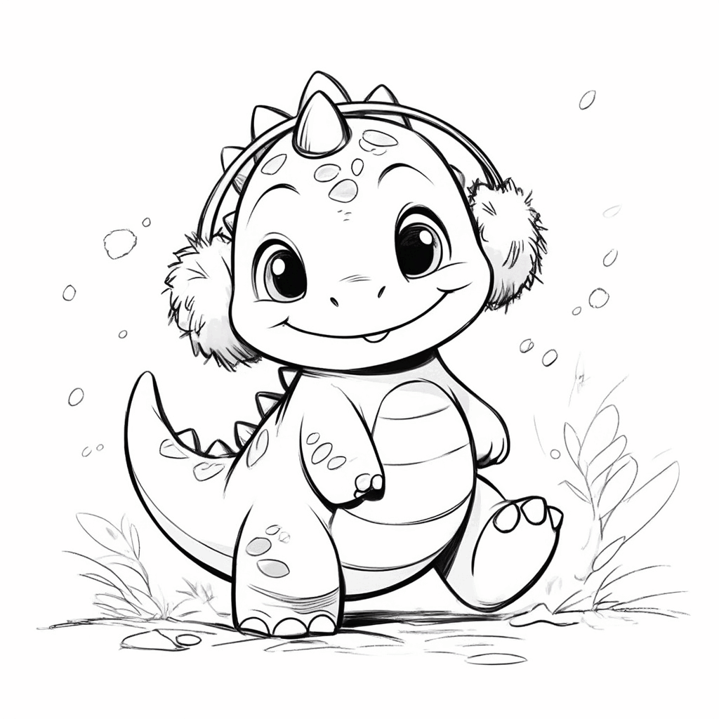 可愛らしい小さな恐竜がふわふわの耳当てを付け、雪の中ではしゃいで跳ね回っている