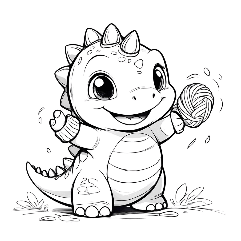 毛糸の手袋をはめた小さな恐竜の赤ちゃんが、嬉しそうに前足を振っている