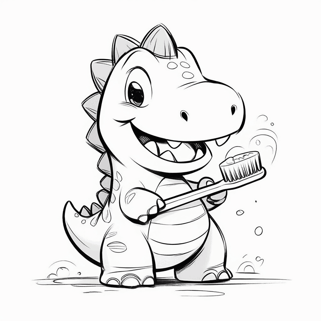 Dinosaurus kecil yang lucu berjinjit, menyikat gigi dengan sikat gigi mini dengan serius