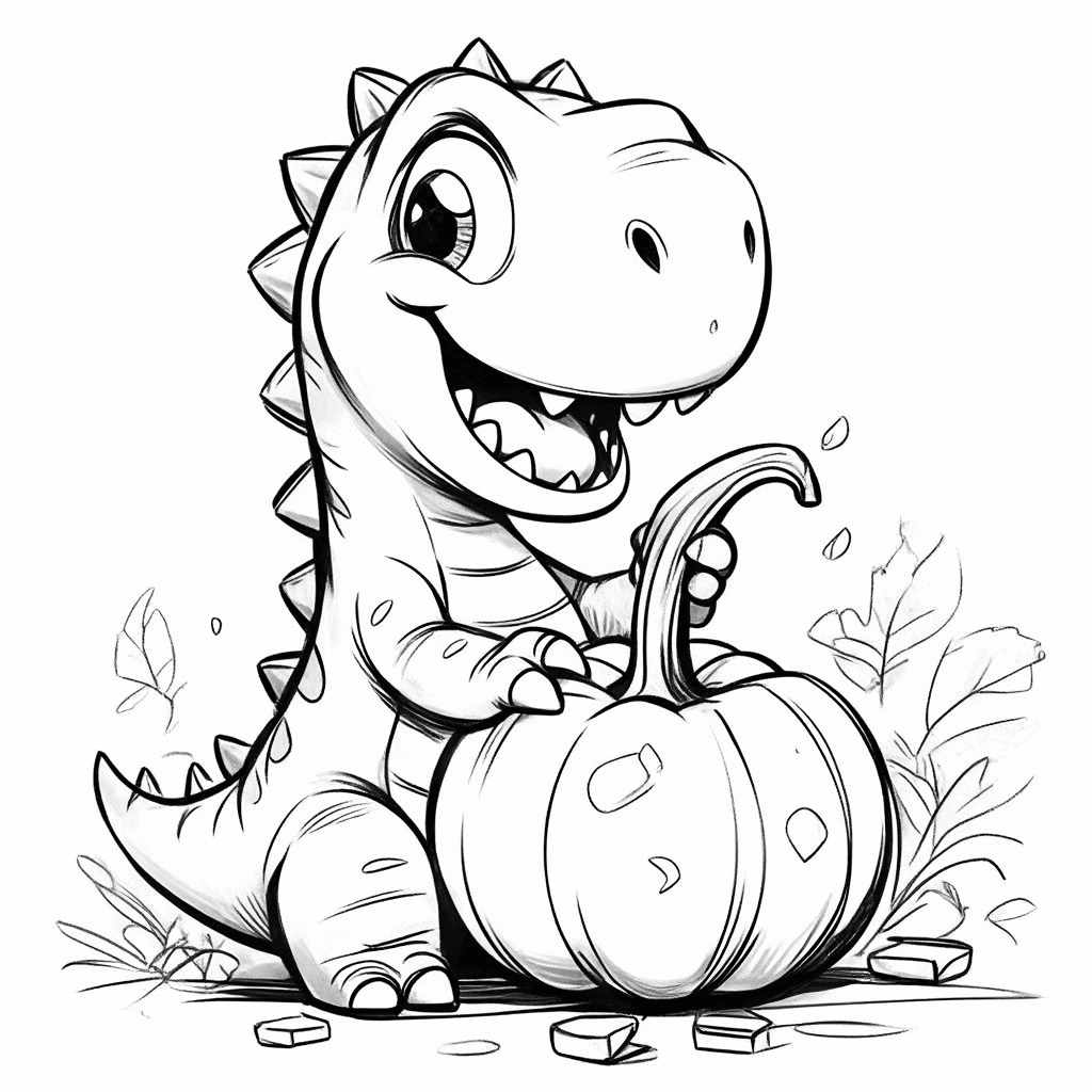 Kleiner Dinosaurier hockt auf dem Boden und schnitzt konzentriert einen Kürbis, mit glücklichem Gesichtsausdruck