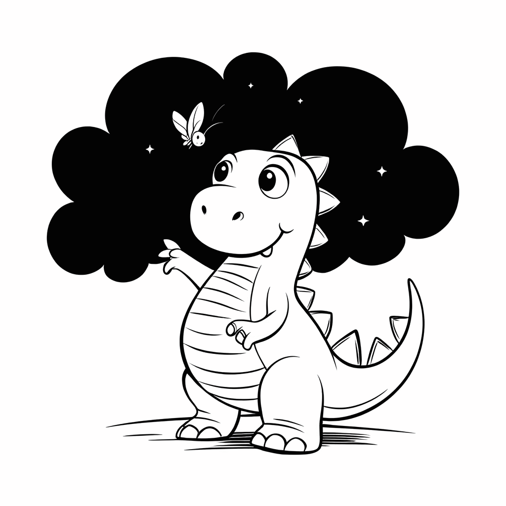 小さな恐竜が夜空で輝く蛍を追いかけ、しっぽを上げ、目を丸くしている