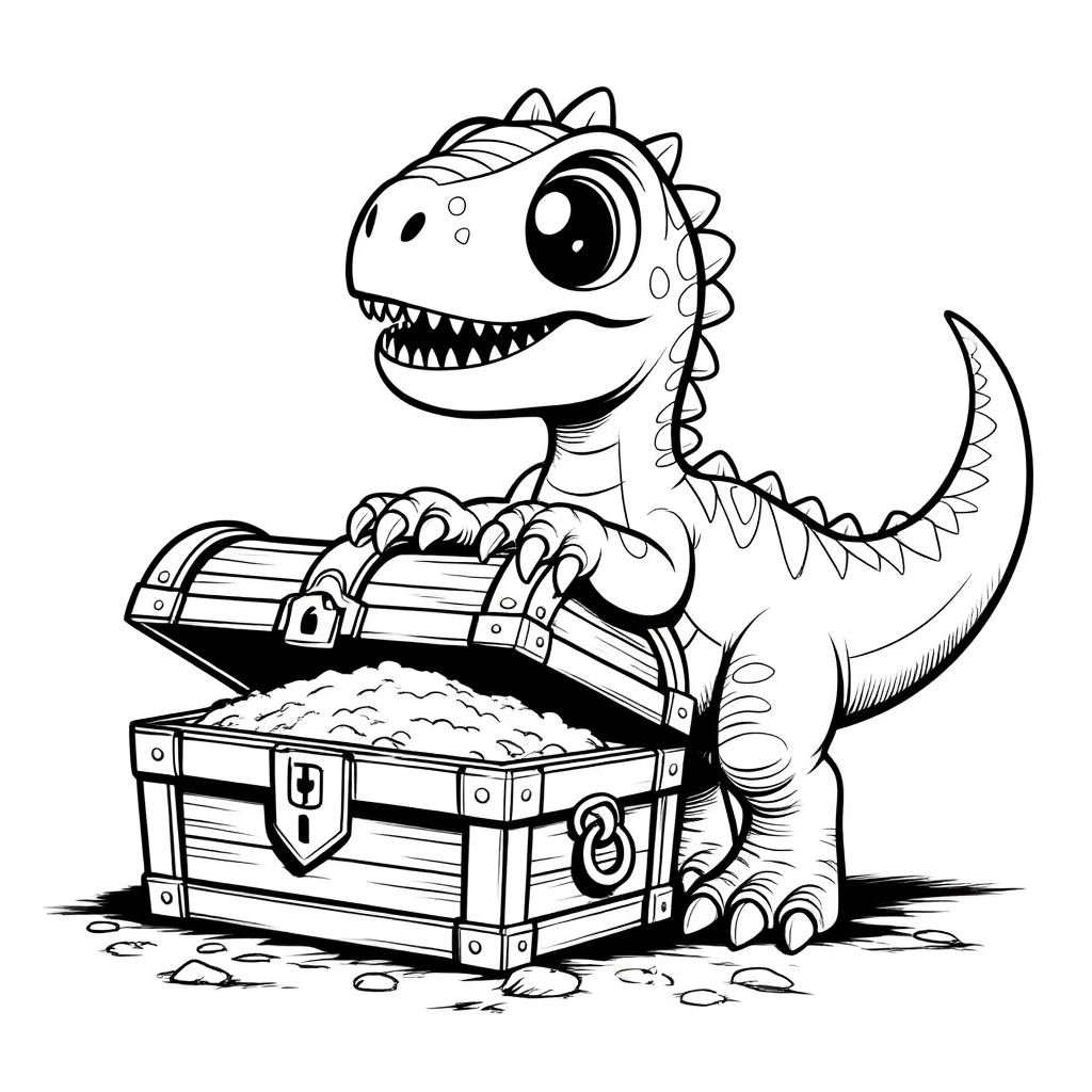 Dinosaurio bebé abriendo un cofre del tesoro con curiosidad usando sus garras delanteras