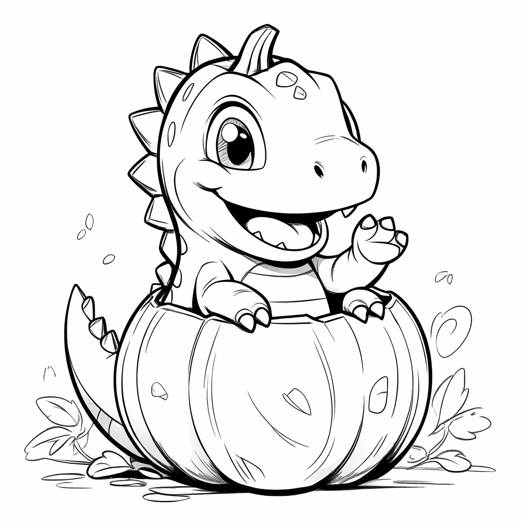 Маленький динозаврик в костюме тыквы радостно поднимает передние лапки, демонстрируя круглый тыквенный животик