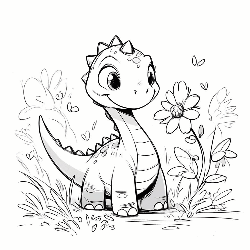 Le petit dinosaure se tient curieusement dans les hautes herbes, tendant le cou pour sentir une petite fleur