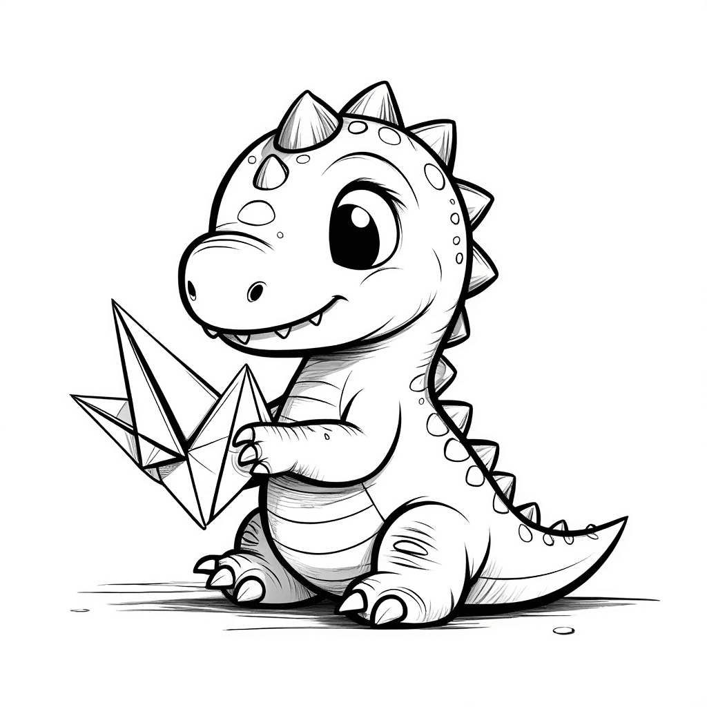 Un adorable petit dinosaure assis par terre, pliant attentivement une grue en papier