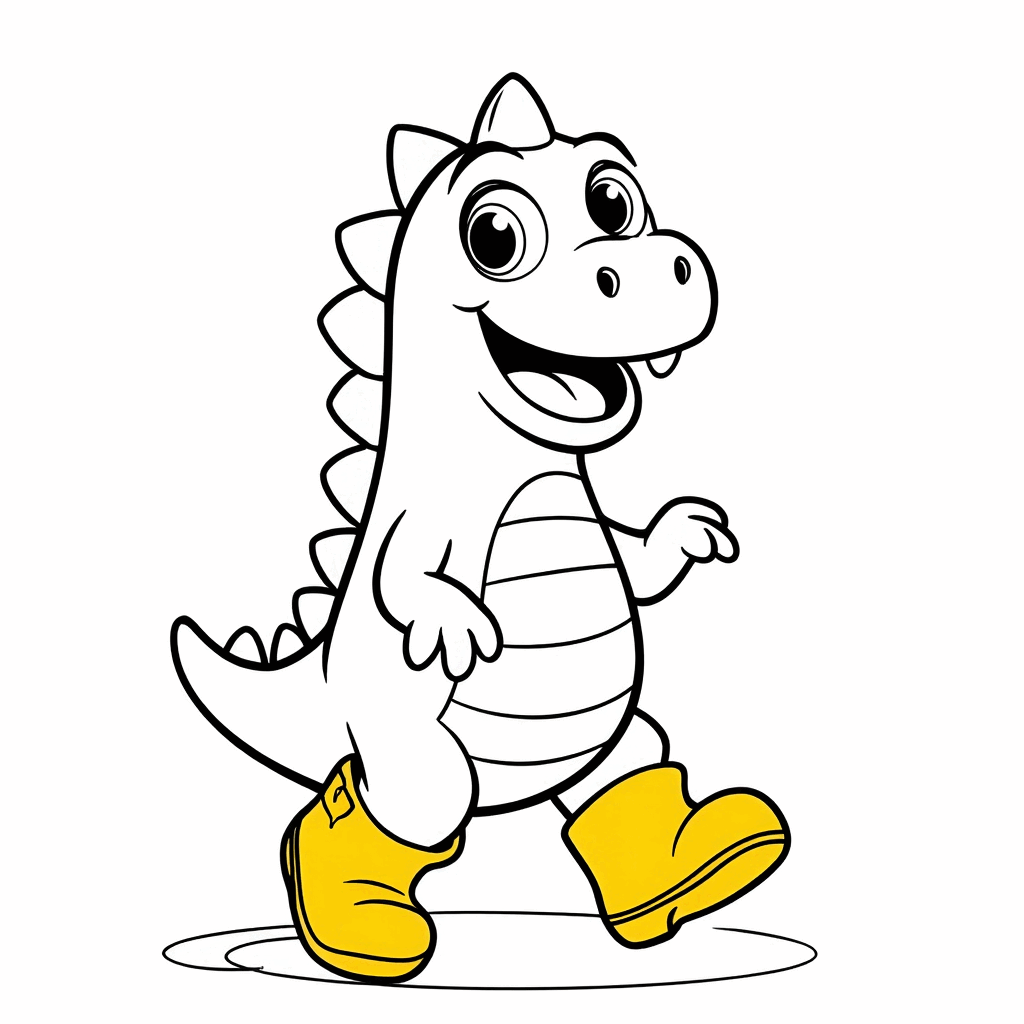 ديناصور صغير سعيد يرتدي أحذية مطاطية صفراء، يقفز بفرح