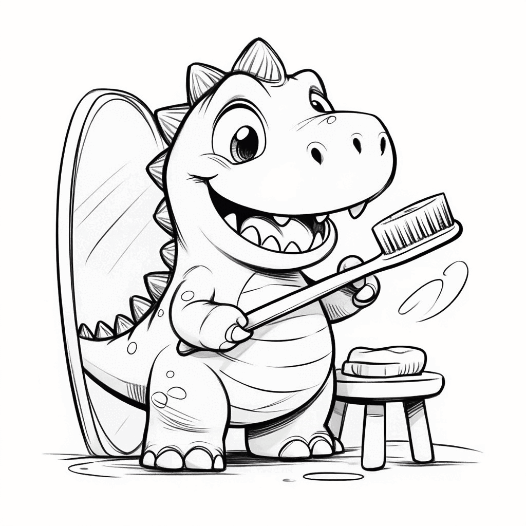 Ein kleiner Dinosaurier steht auf Zehenspitzen auf einem Hocker, hält eine Zahnbürste in den Krallen und putzt sich fröhlich die Zähne vor dem Spiegel