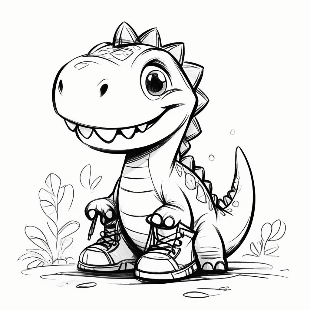 Динозаврик сидит на полу, неуклюже пытаясь завязать шнурки с сосредоточенным выражением