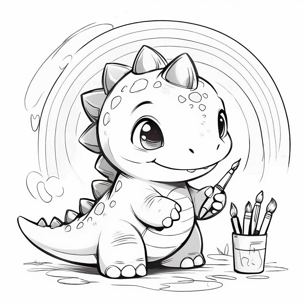 사랑스러운 아기 공룡이 쪼그려 앉아 앞발로 물감 붓을 쥐고, 집중해서 무지개를 그리고 있다