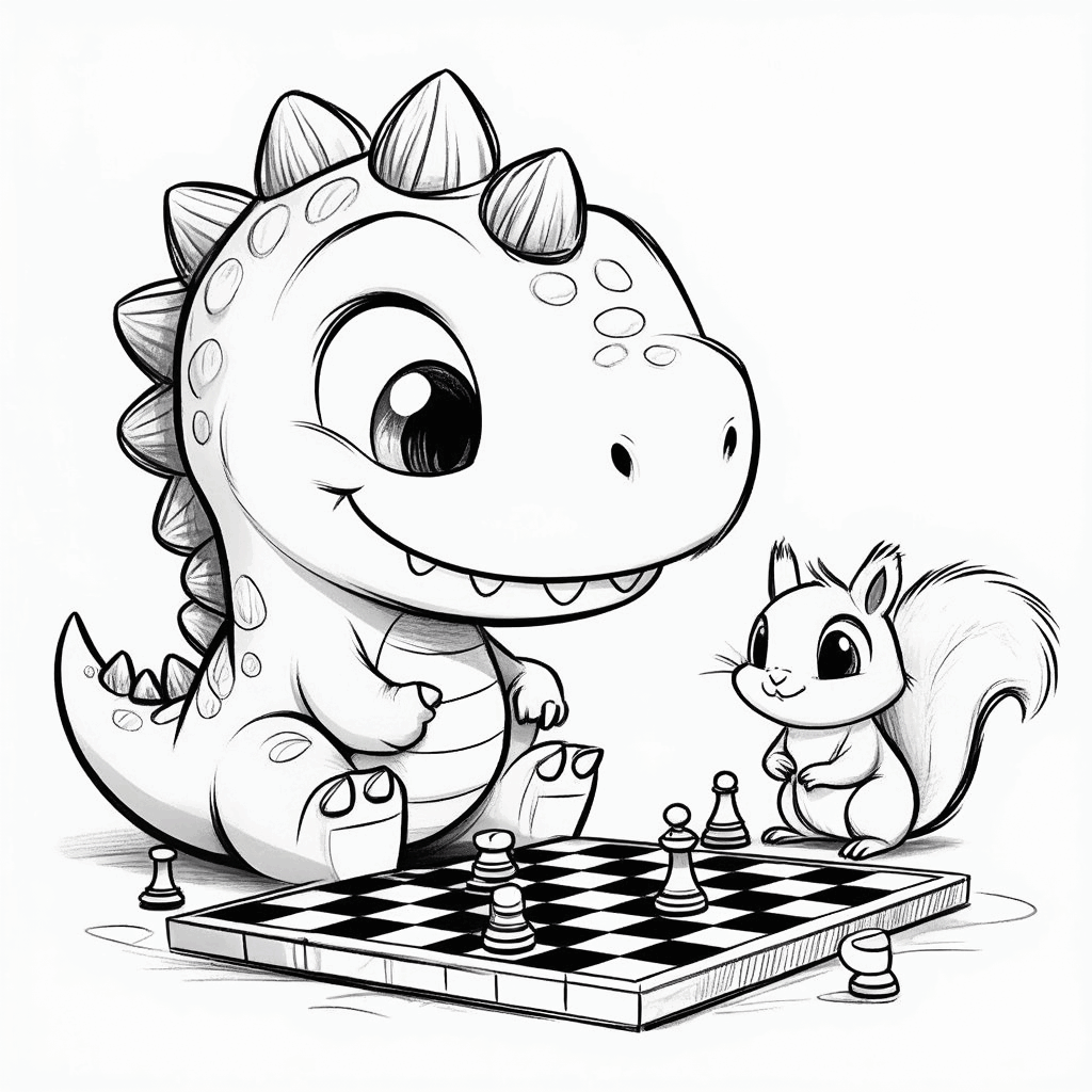 可愛い小さな恐竜が地面に座り、リスのとチェッカー遊びに夢中になっている