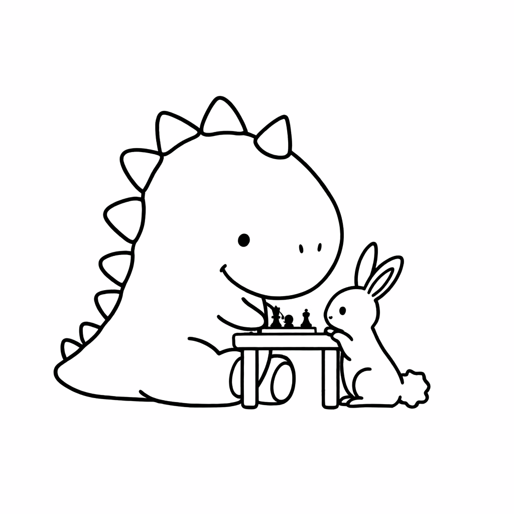 Seekor dinosaurus kecil yang gemuk berjongkok dengan fokus bermain catur bersama kelinci yang berdiri