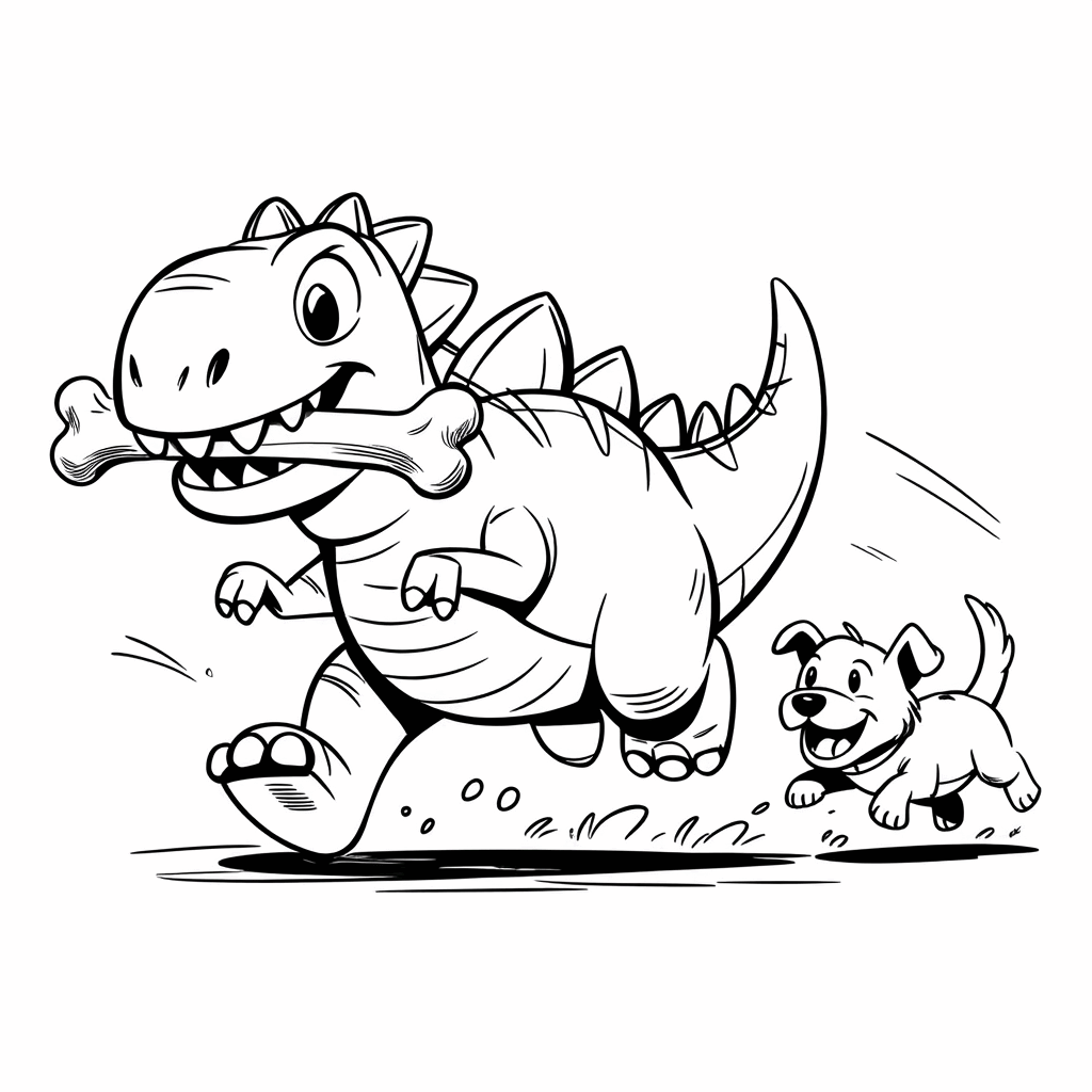 작은 공룡이 뼈를 물고 달리고, 강아지가 즐겁게 뒤쫓아가고 있어요