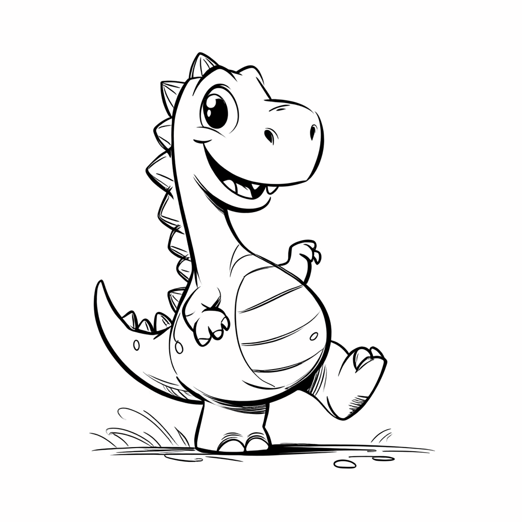 O dinossaurinho equilibrando-se em uma perna só, pulando alegremente no jogo da amarelinha com o rabo erguido