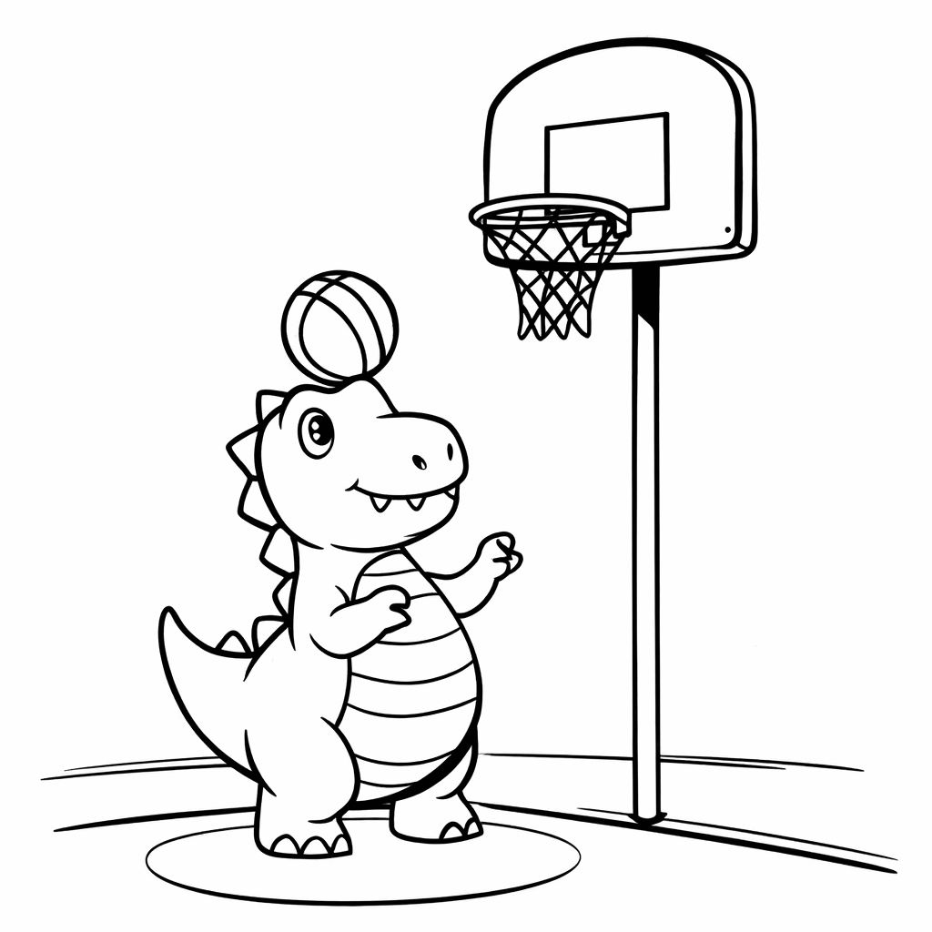 Маленький динозаврик встал на цыпочки, чтобы забросить мяч в корзину, его хвостик задорно торчит вверх, а баскетбольное кольцо вдвое ниже его роста