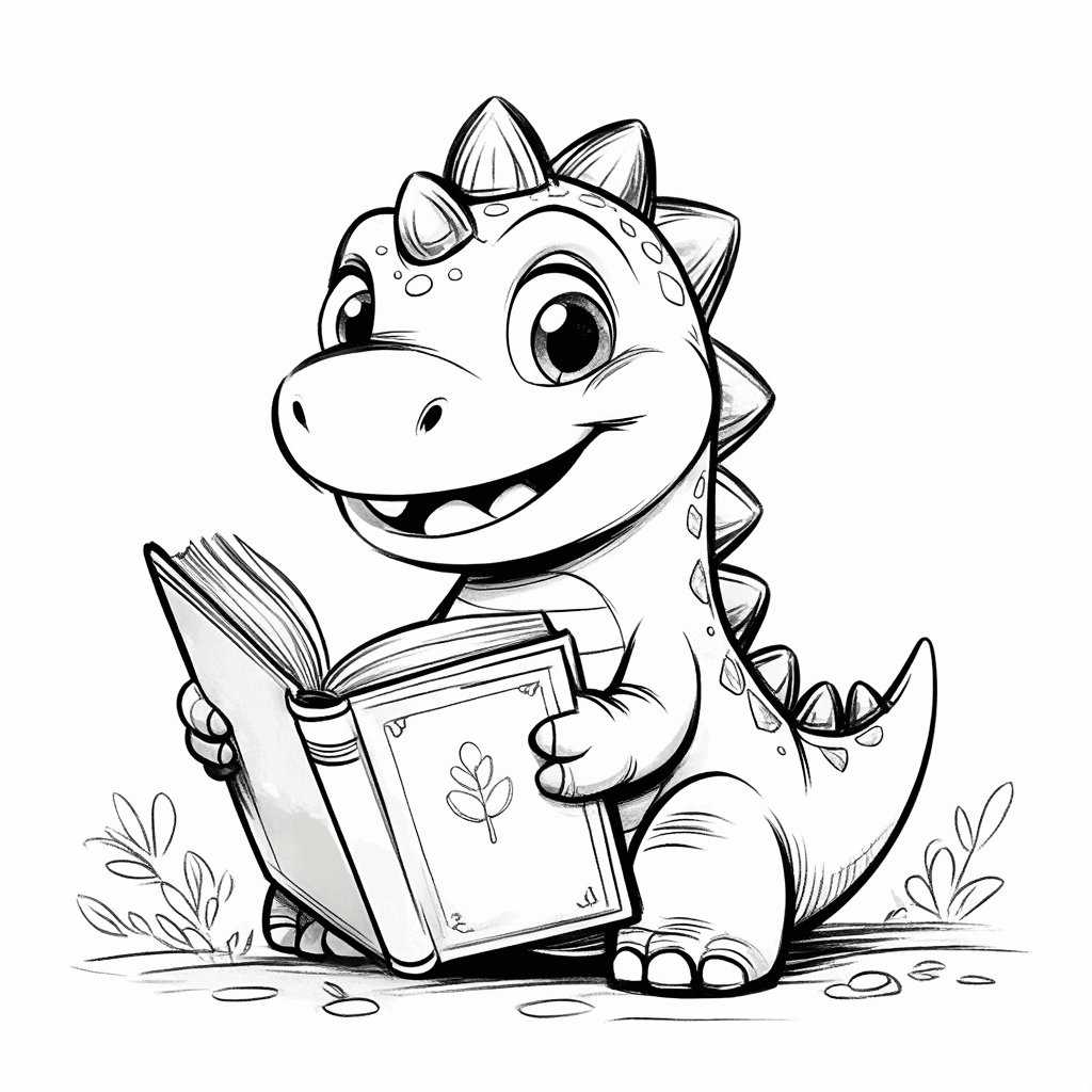 ぽっちゃりした小さな恐竜が地面に座り、開いた絵本を嬉しそうに抱えている