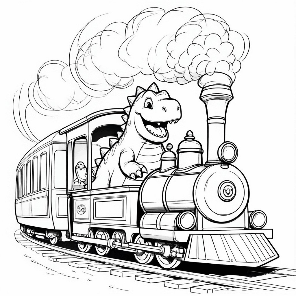 Un petit dinosaure tout rond assis joyeusement sur un mini train, la locomotive crachant de la vapeur en avançant