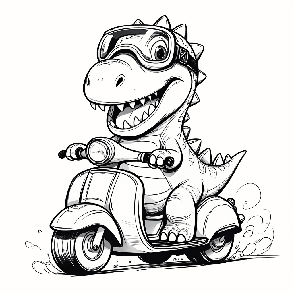 O dinossaurinho usando óculos de proteção, montando uma motocicleta de brinquedo vermelha, feliz com as patinhas abertas