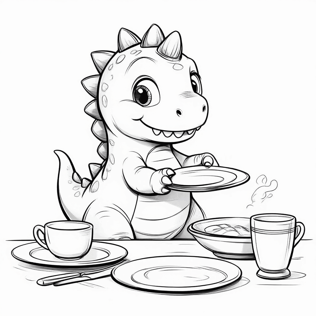 ديناصور صغير يقف على أطراف أصابعه يرتب أدوات المائدة، وذيله مرفوع، وعلى الطاولة صحون وأكواب