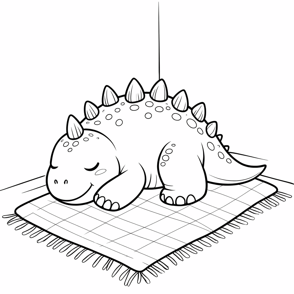 小恐龍蜷縮著睡覺，蓋著條紋小毯子，露出圓圓的腦袋和尾巴