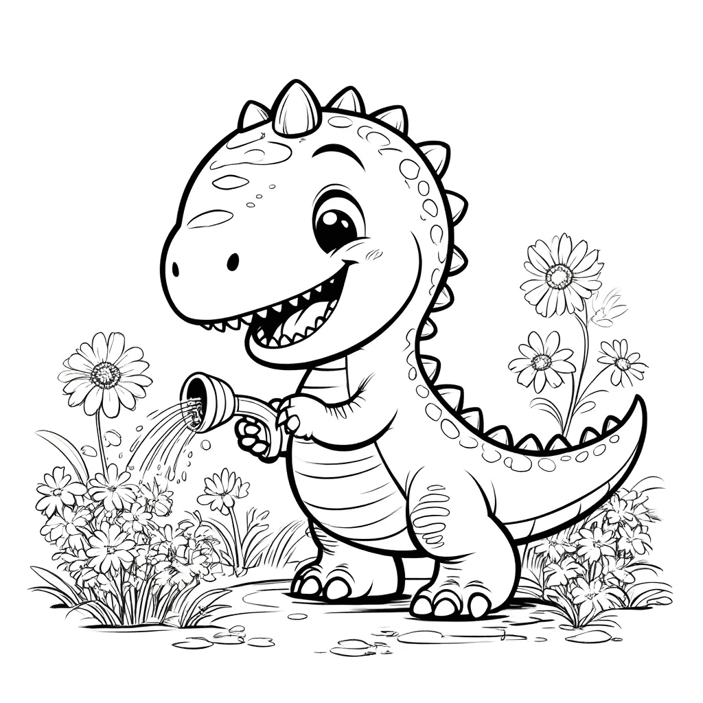 El bebé dinosaurio sostiene una regadera, regando felizmente las flores del jardín