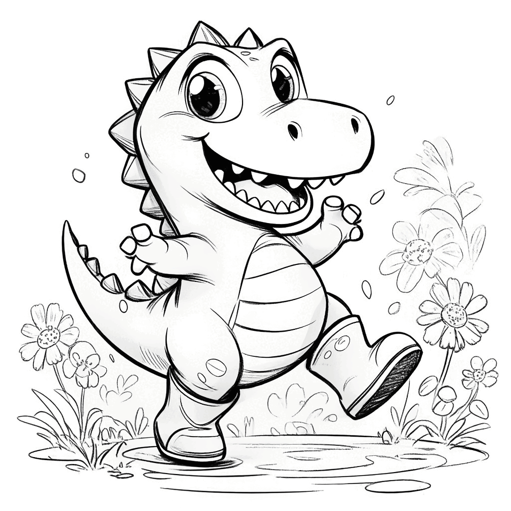 Dinosaurus kecil yang bahagia mengenakan sepatu bot hujan kuning, melompat-lompat dengan gembira di padang rumput