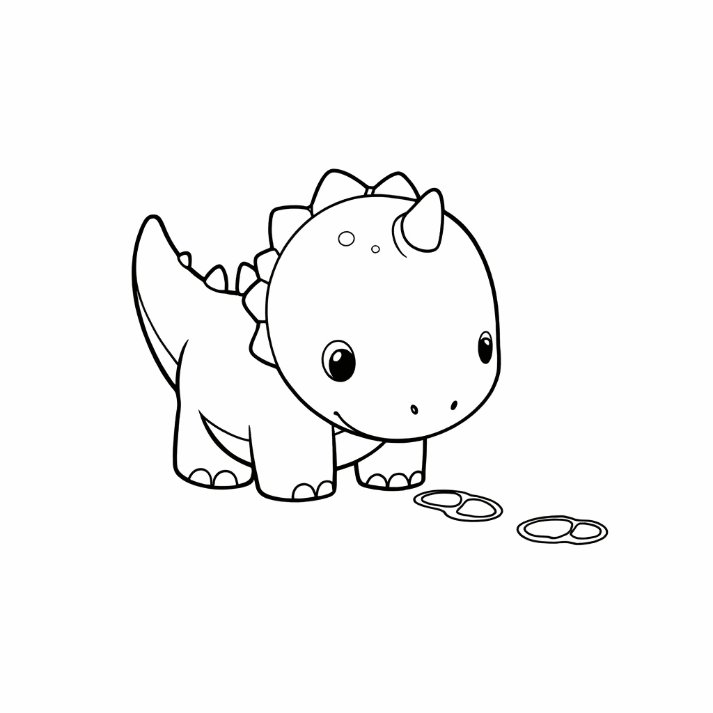 可愛い小さな恐竜が地面に鼻を近づけ、光る魔法の足跡の列を発見した