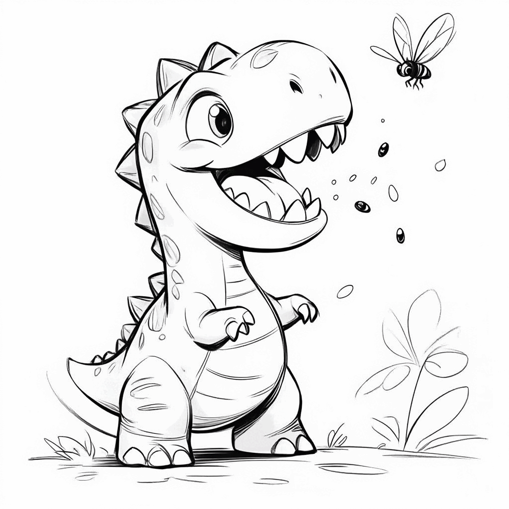 Adorable dinosaurio bebé levantando la cabeza persiguiendo luciérnagas brillantes