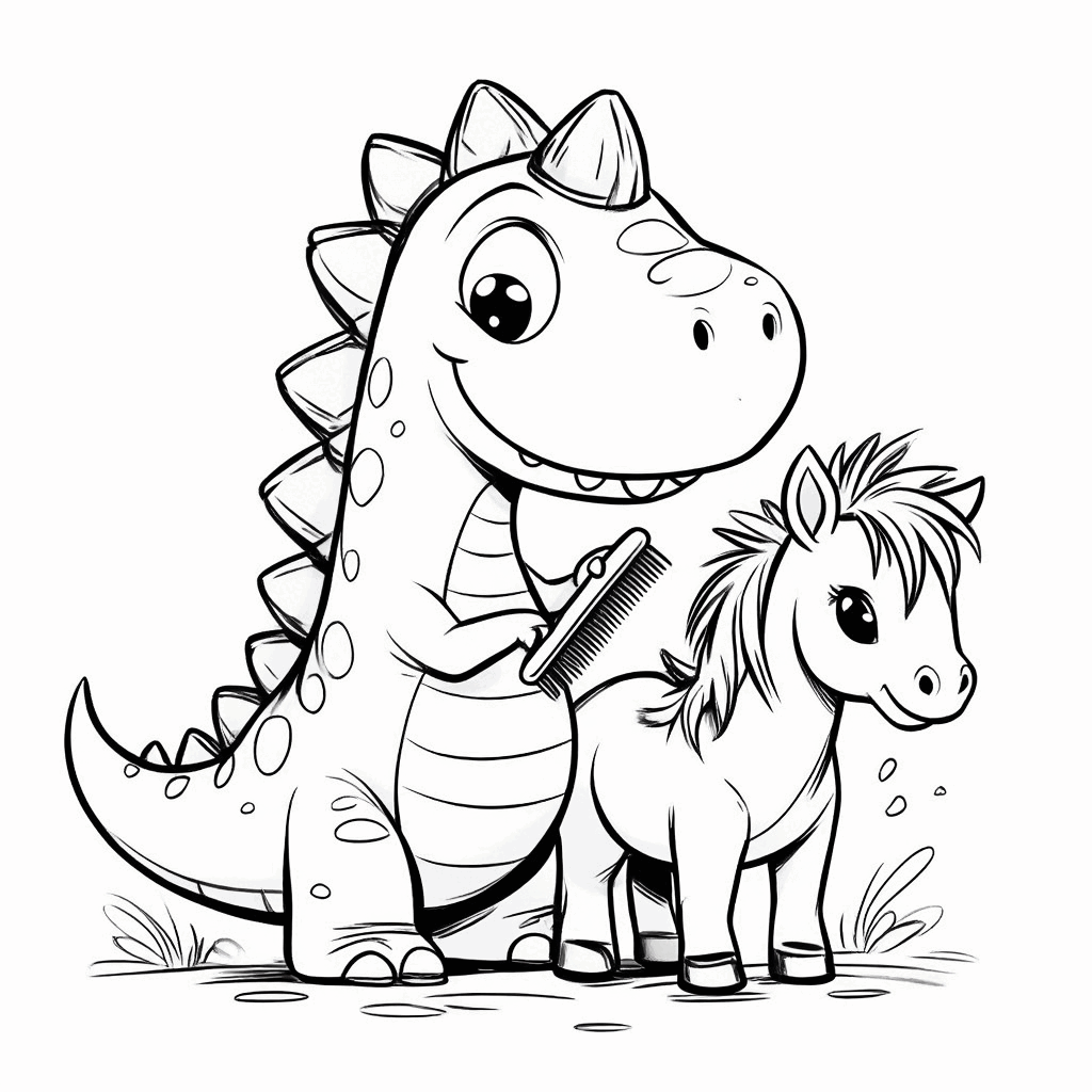 可愛い恐竜がつま先立ちで、前足を使って子馬のたてがみを整えている