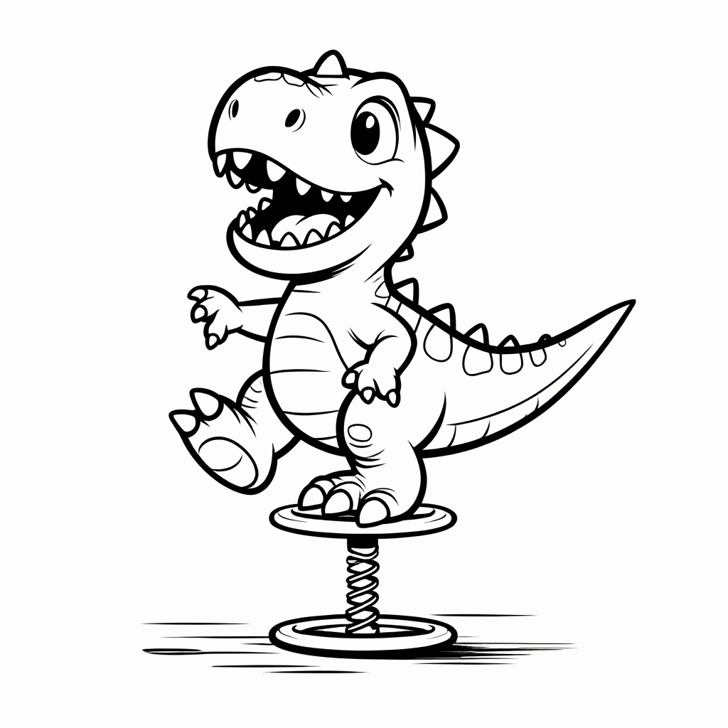 楽しそうな小さな恐竜が片足でスプリング付きの竹馬に乗り、しっぽを立ててバランスを取っている