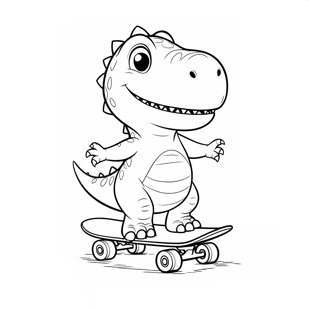 Маленький круглый динозавр наступил на скейтборд, счастливо распростертый руками, чтобы сохранить равновесие.