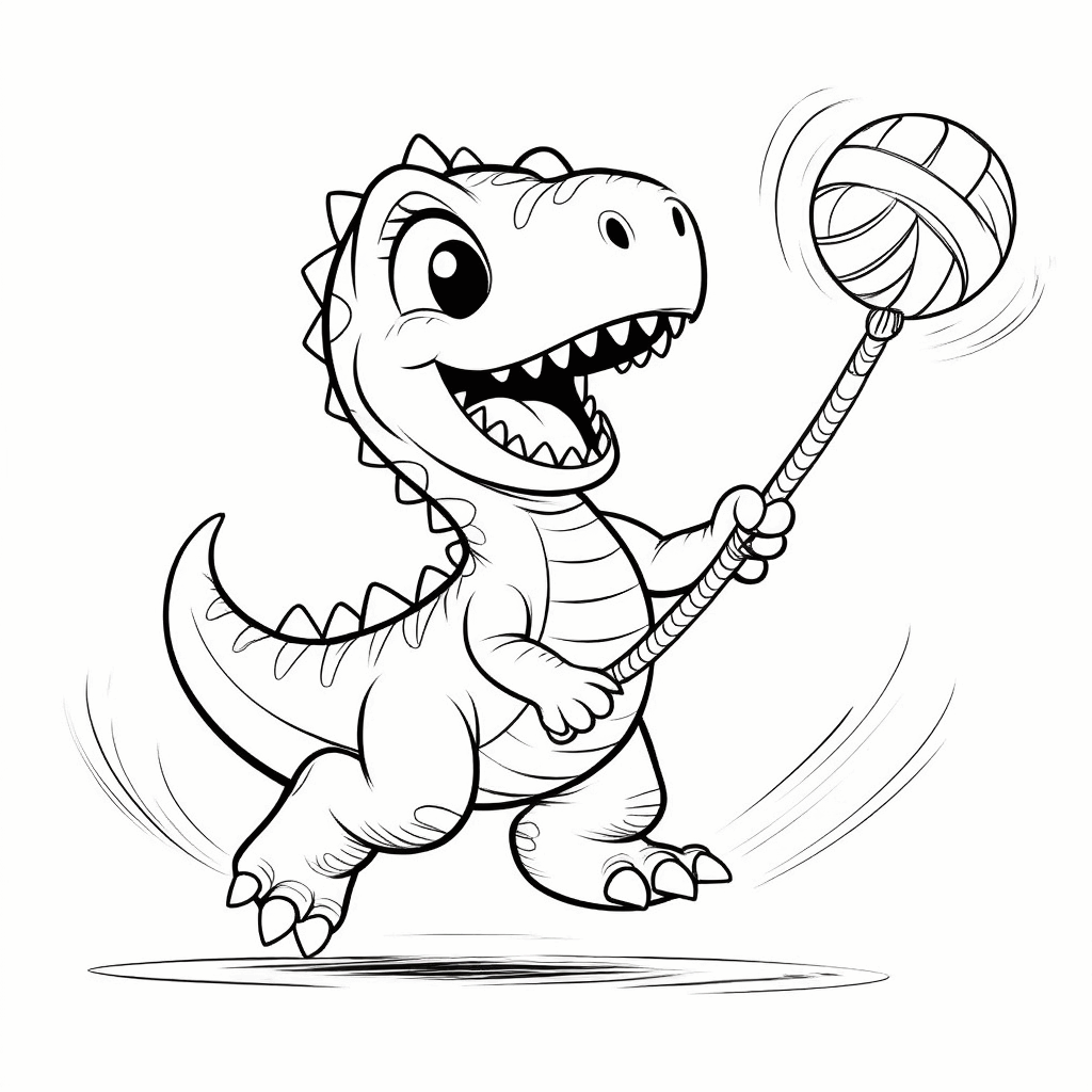 행복한 작은 공룡이 꼬리로 매단 공을 휘젓며 놀고 있다