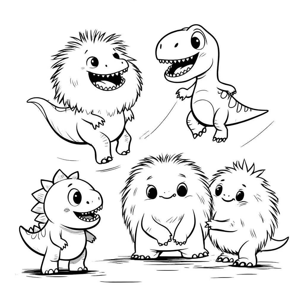 Ein niedlicher kleiner Dinosaurier hüpft herum und spielt mit einem flauschigen Monster