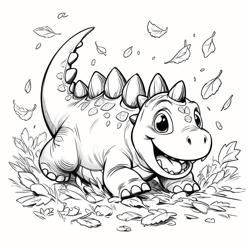 O bebê dinossauro feliz rolando em uma pilha de folhas caídas, com a cauda erguida