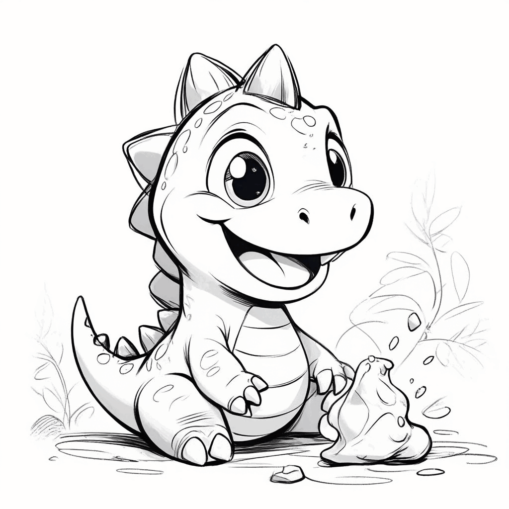 Ein fröhliches Dinosaurier-Baby sitzt auf dem Boden und knetet mit den Pfoten bunte Knetmasse