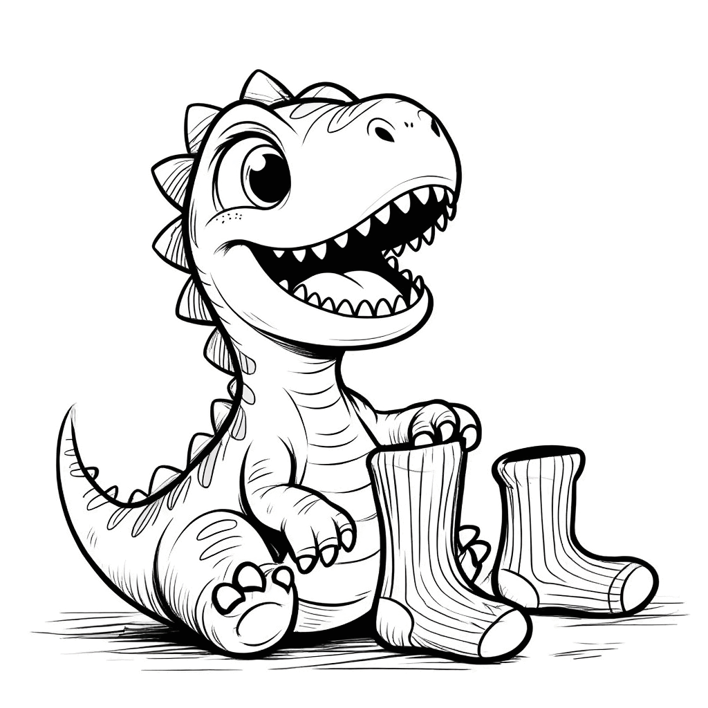 Un joyeux petit dinosaure assis par terre, triant des chaussettes multicolores