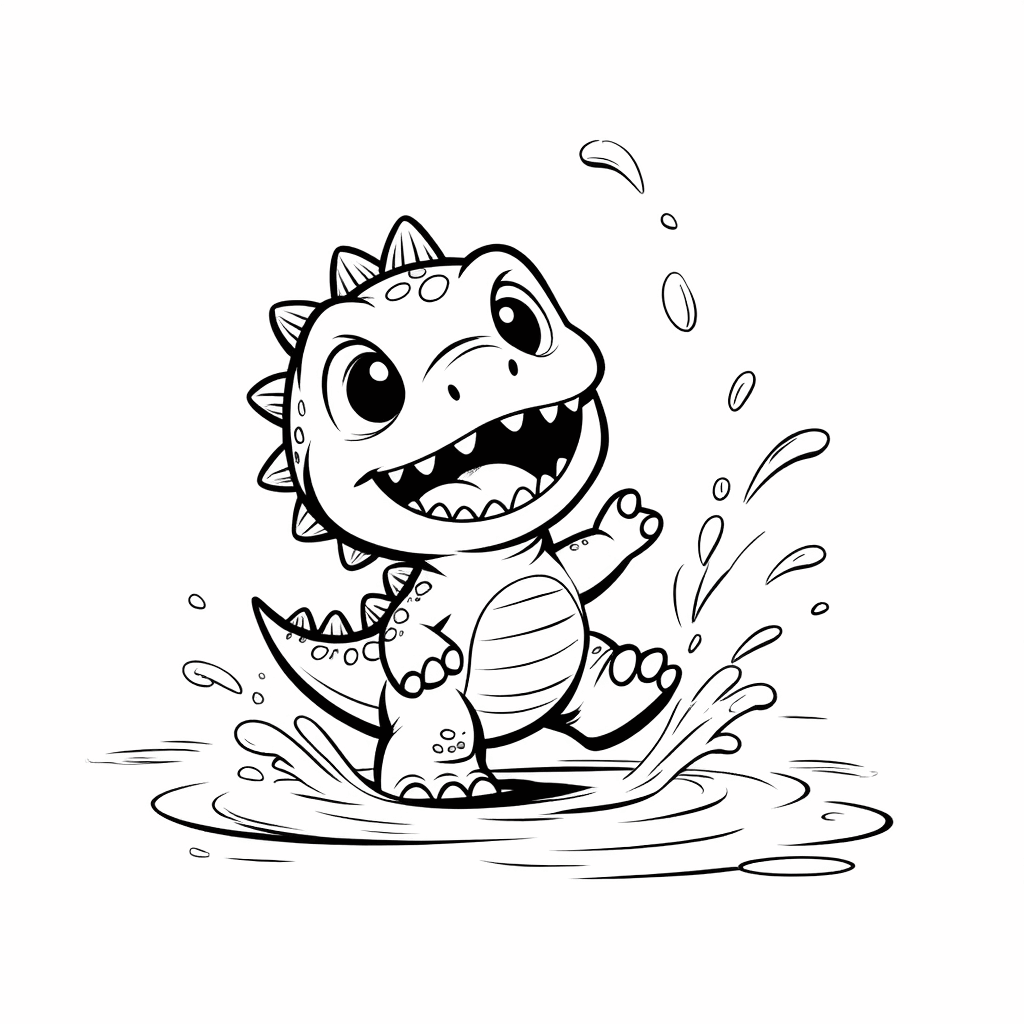 Маленький круглый динозавр с радостью прыгает в лужу, брызгая водой.