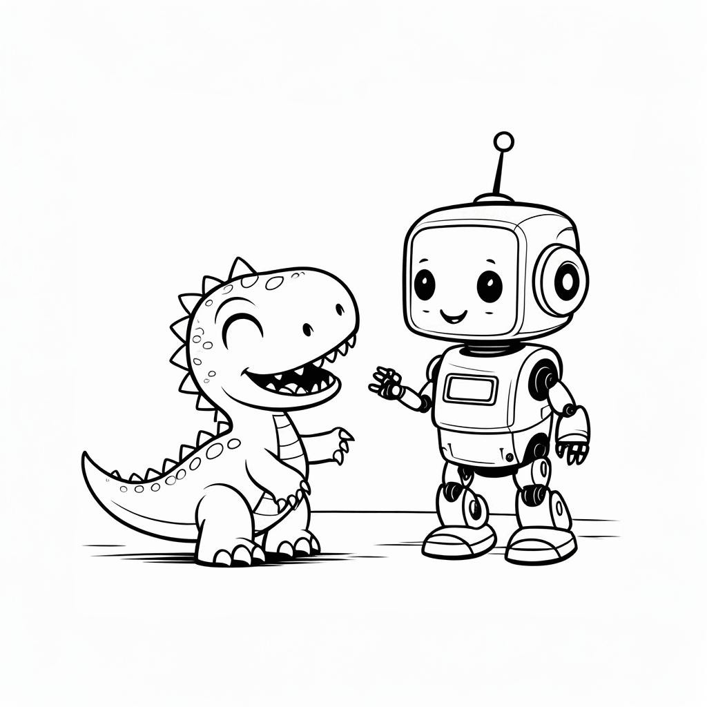 可愛い小さな恐竜が頭を上げ、微笑むロボットと楽しそうに会話している