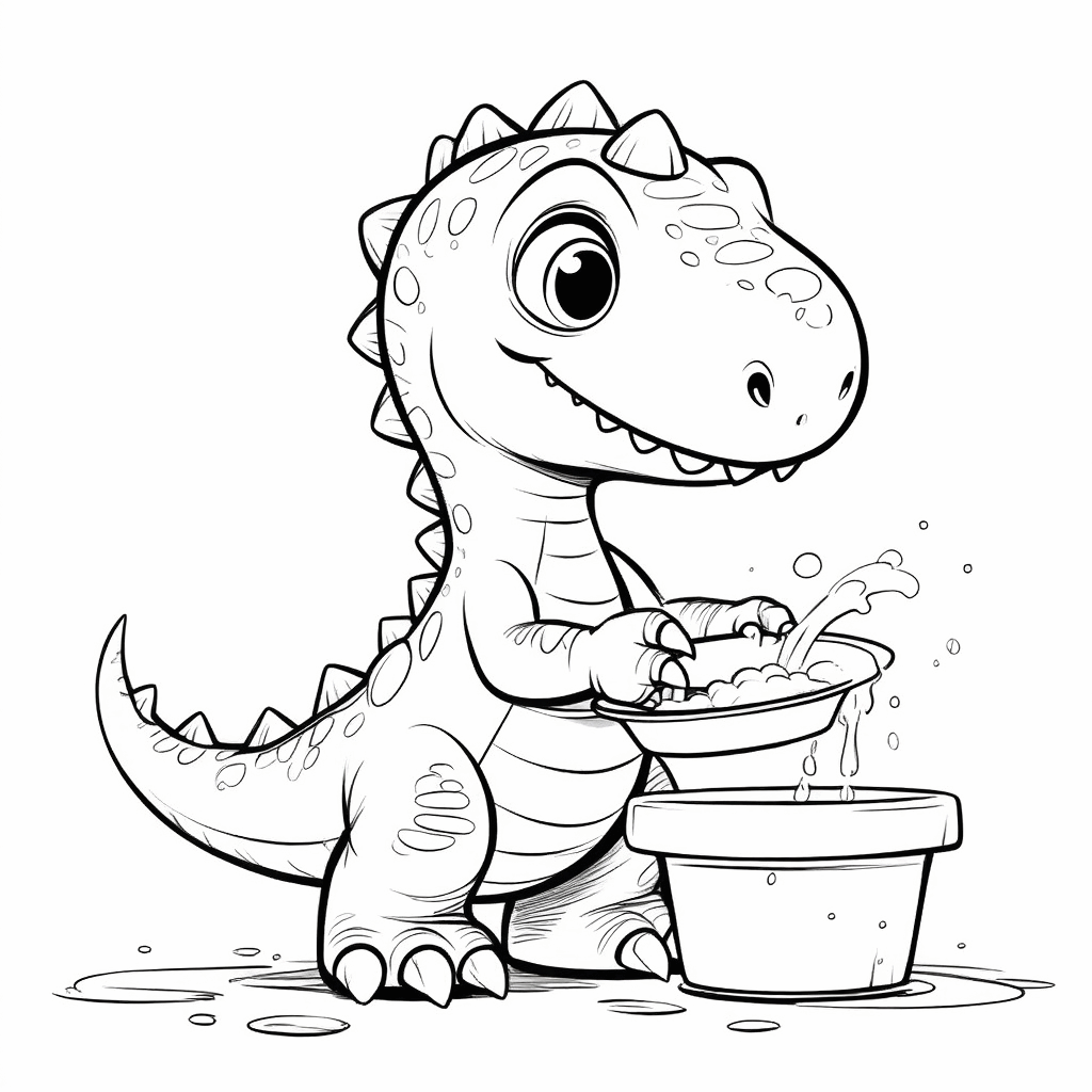 可愛い恐竜がつま先立ちで、小さなお皿を真剣に洗っている