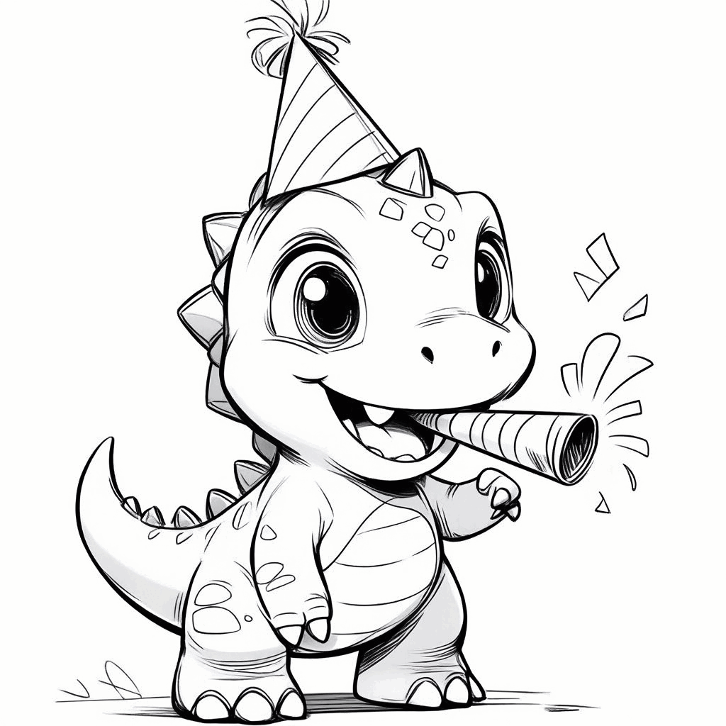 صغير الديناصور اللطيف، يرتدي قبعة حفلة، ينفخ بوق رأس السنة بسعادة