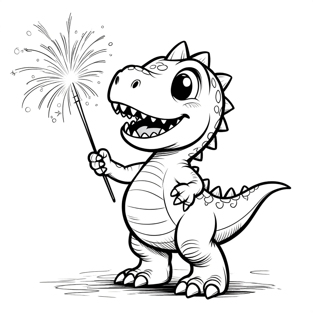 楽しそうな恐竜の赤ちゃんが、前足に燃える花火を持ち、しっぽを上げて丸い目をしている