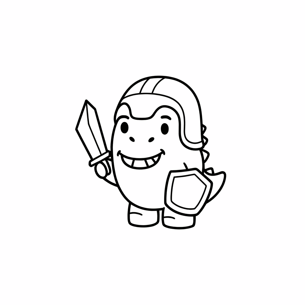 Un petit dinosaure tout rond, tenant une épée et un bouclier miniatures, souriant largement