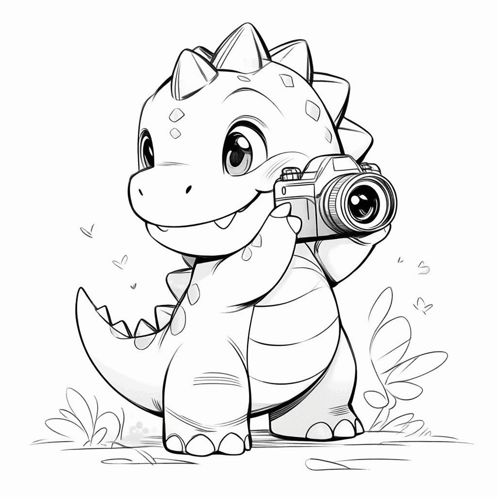 可愛い恐竜の赤ちゃんがカメラをかけ、熱心に写真を撮っている