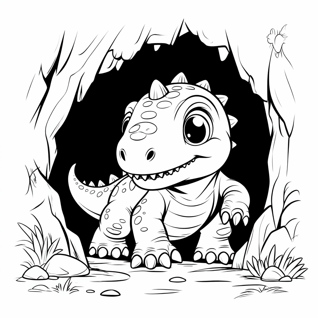 可愛的小恐龍好奇地探出腦袋，在迷你洞穴口張望